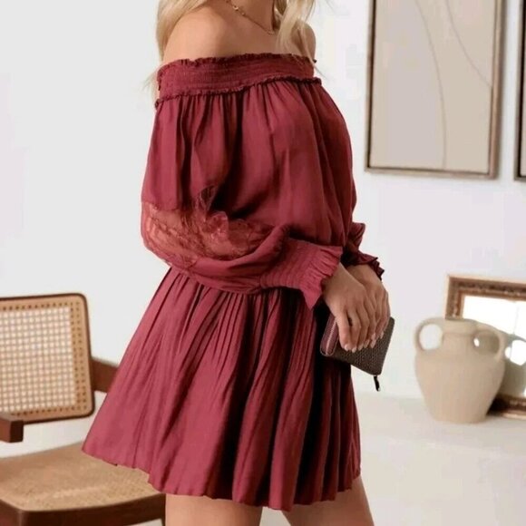 Holiday Party Dress Off The Shoulder Burgundy Red - Picture 3 of 5